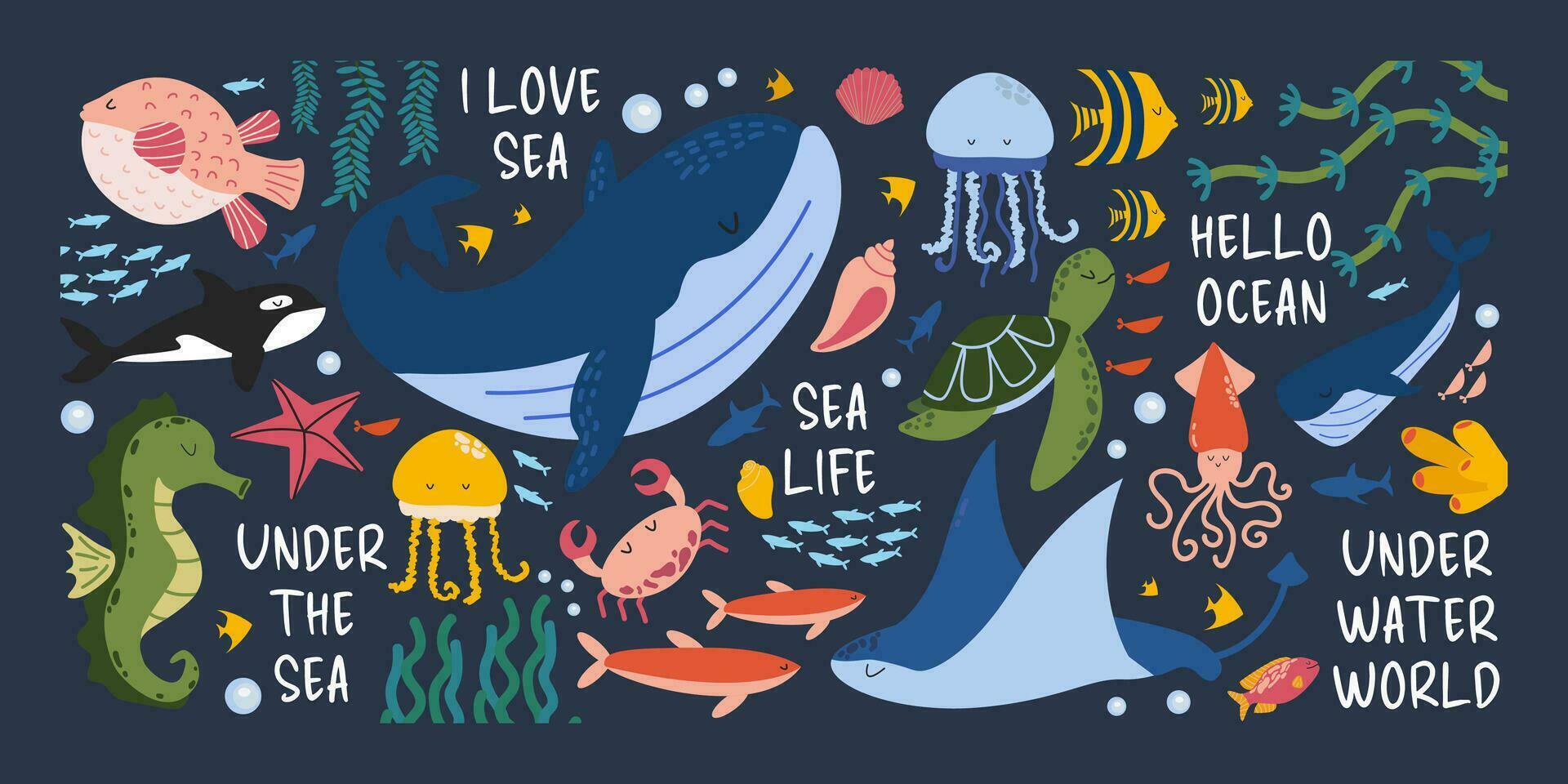 onderwater- wereld. vector illustratie van de marinier wereld. schattig vis en wild zee tekenfilm dieren. walvis, vis, inktvis, zeewier, schelpen, zeepaardje, kwallen, krab. tekeningen voor banier, ansichtkaarten, kaarten.