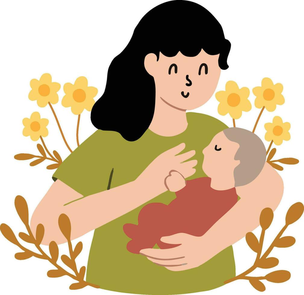 reeks verzameling bloemen ornament moeder Holding pasgeboren baby illustratie vector