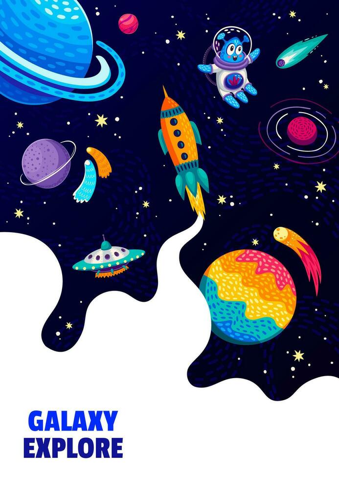 ruimte poster. buitenaards wezen, ufo, ruimteschip en planeten vector