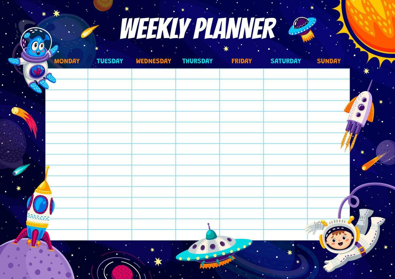 wekelijks planner, tekenfilm ruimte karakters, planeten vector