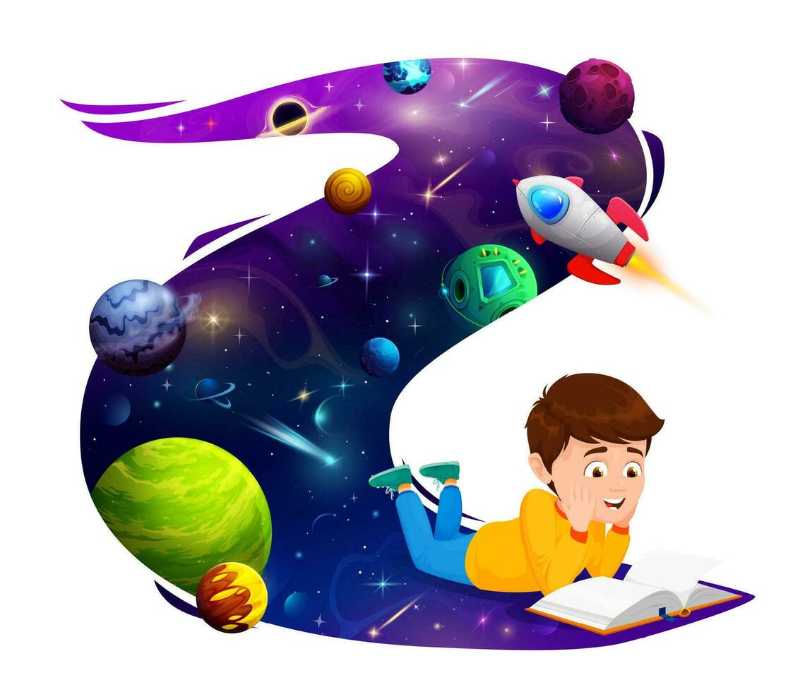 jongen lezing een boek en denken over ruimte vlucht vector
