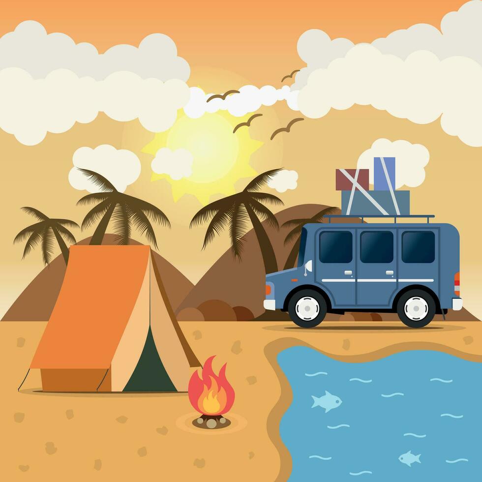 reizen auto camping plaats landschap. bergen, woestijn, strand, vogels, zee en vreugdevuur. vector illustratie in vlak stijl.