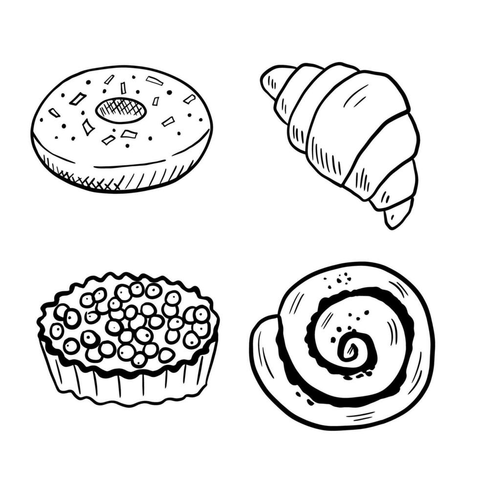 donut en croissant zwart en wit schets schetsen. lijn zoet geïsoleerd Aan wit achtergrond. tekening illustratie zoute krakeling vector