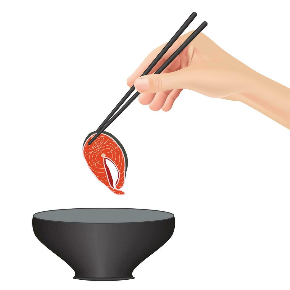 hand- houdt eetstokjes met Zalm. Japans keuken, traditioneel voedsel geïsoleerd Aan wit achtergrond. vector illustratie eps 10.