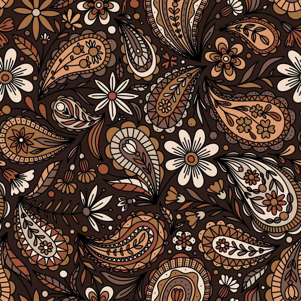 bruin vector naadloos achtergrond met veelkleurig bloemen paisley ornament