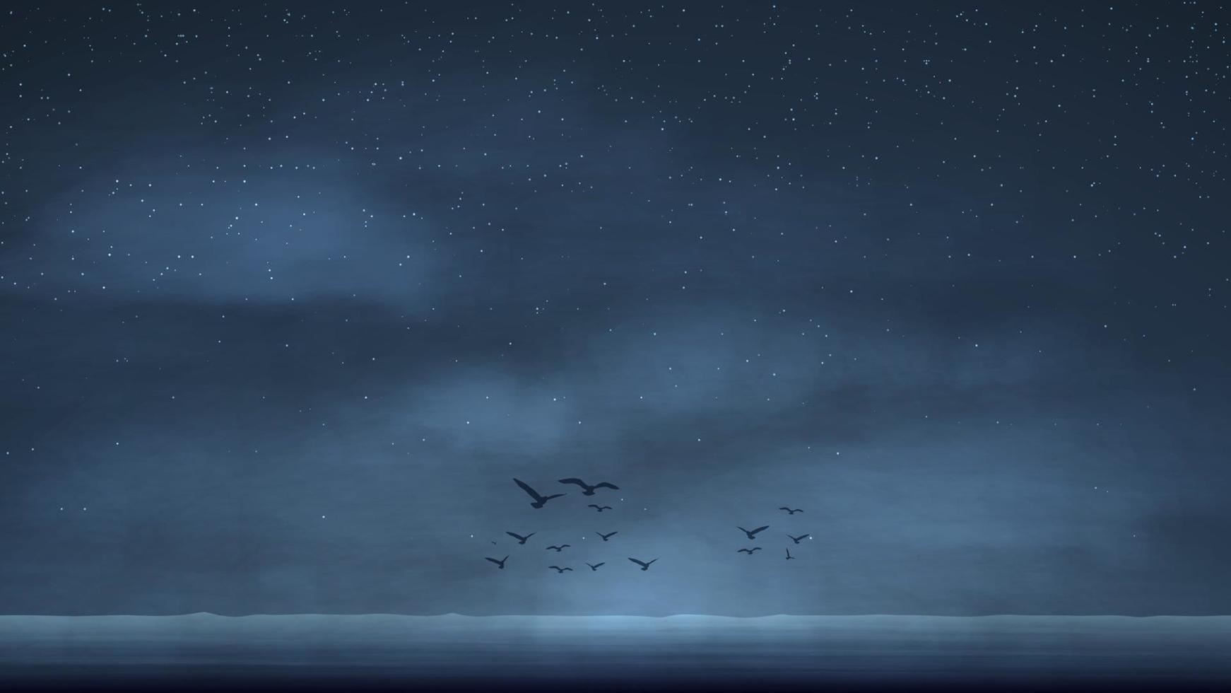 nachtzeegezicht met sterrenhemel en vogels aan de horizon boven het water vector
