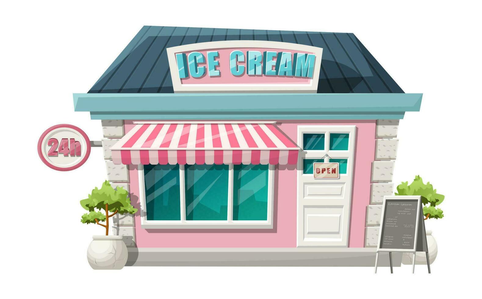 vector tekenfilm stijl van ijs room cafe voorkant winkel visie. geïsoleerd Aan wit achtergrond met groen struiken, 24 uur teken en menu stellage.