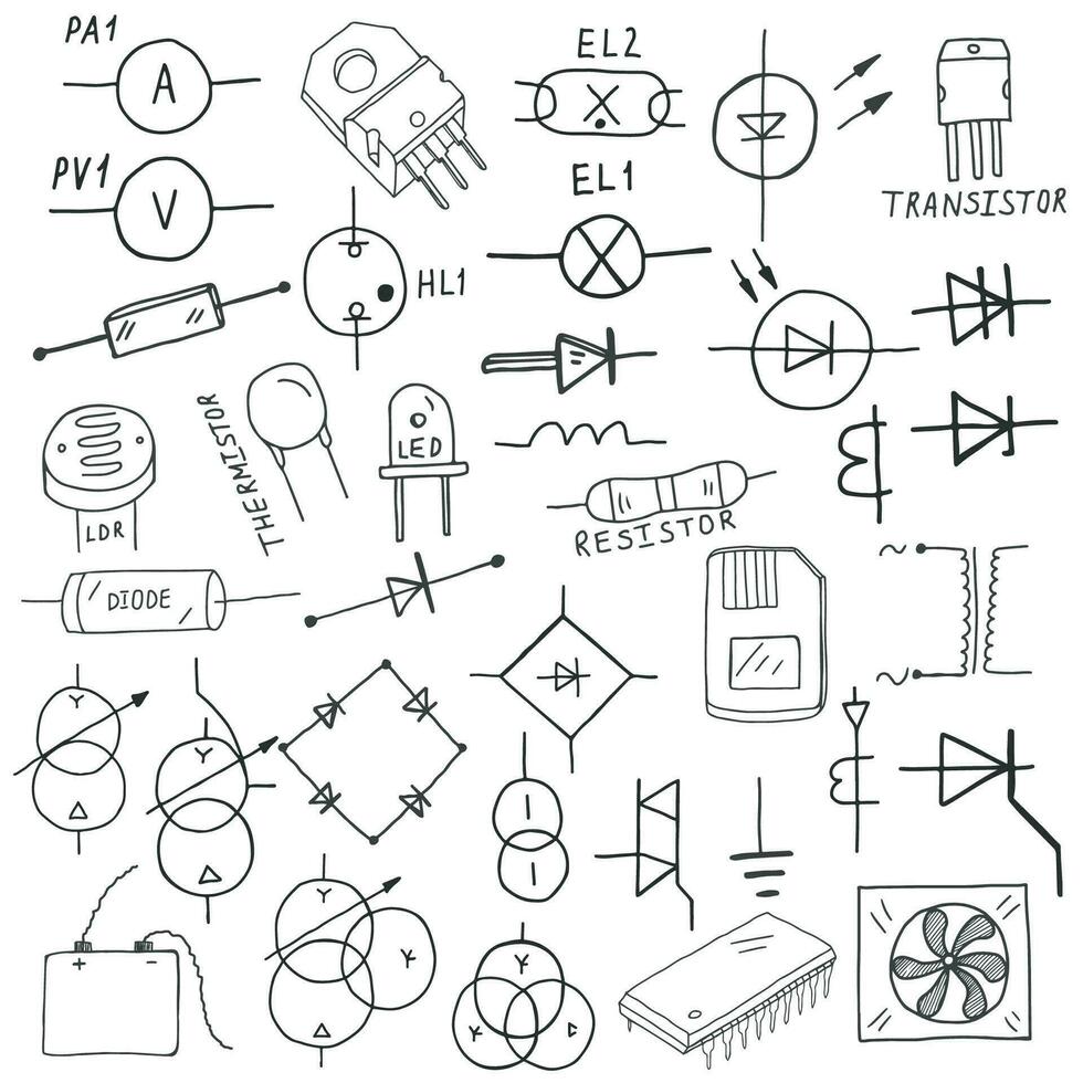 reeks van details van micro-elektronica circuits. vector zwart en wit illustratie