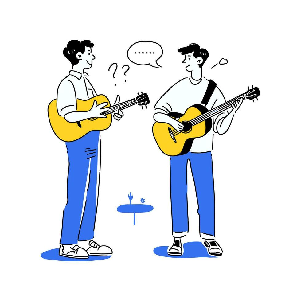 een musicus en een ventilator bespreken hun favoriete liedjes Bij een concert vector illustratie
