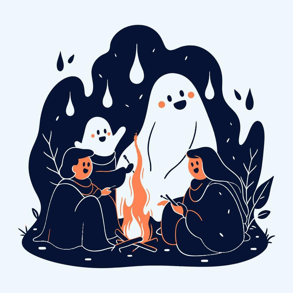 een groep van vrienden vertellen spookachtig verhalen in de omgeving van een vreugdevuur Aan halloween nacht. vector illustratie.