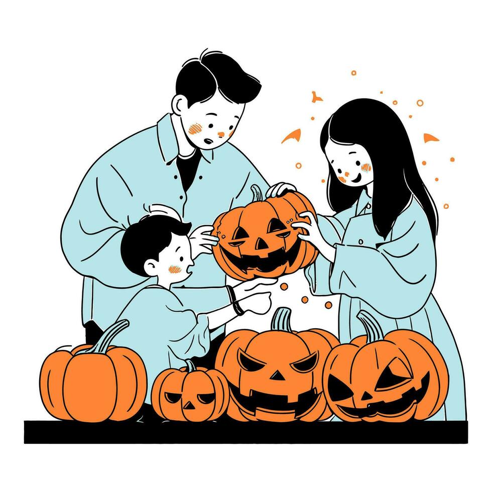 een familie snijwerk pompoenen samen, met opgewonden verwachting voor halloween nacht. vector illustratie