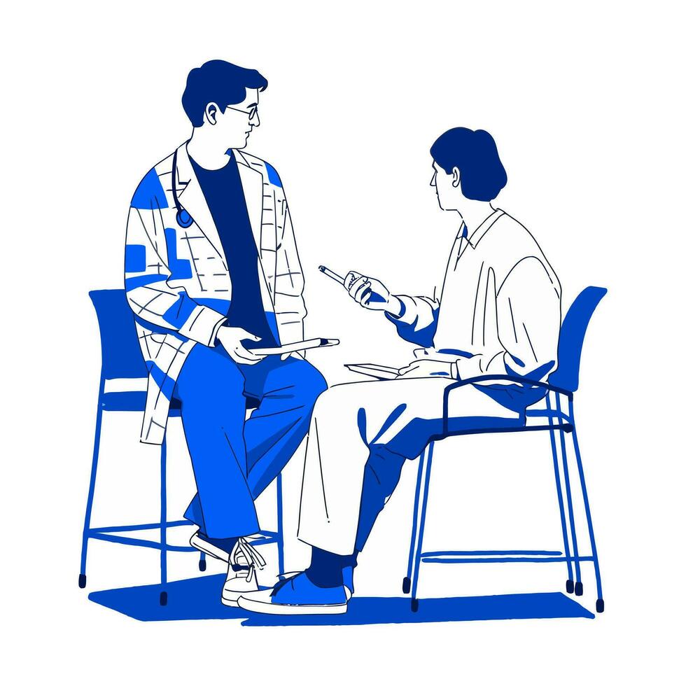 een dokter en een geduldig bespreken behandeling opties, minimalistisch vector illustratie