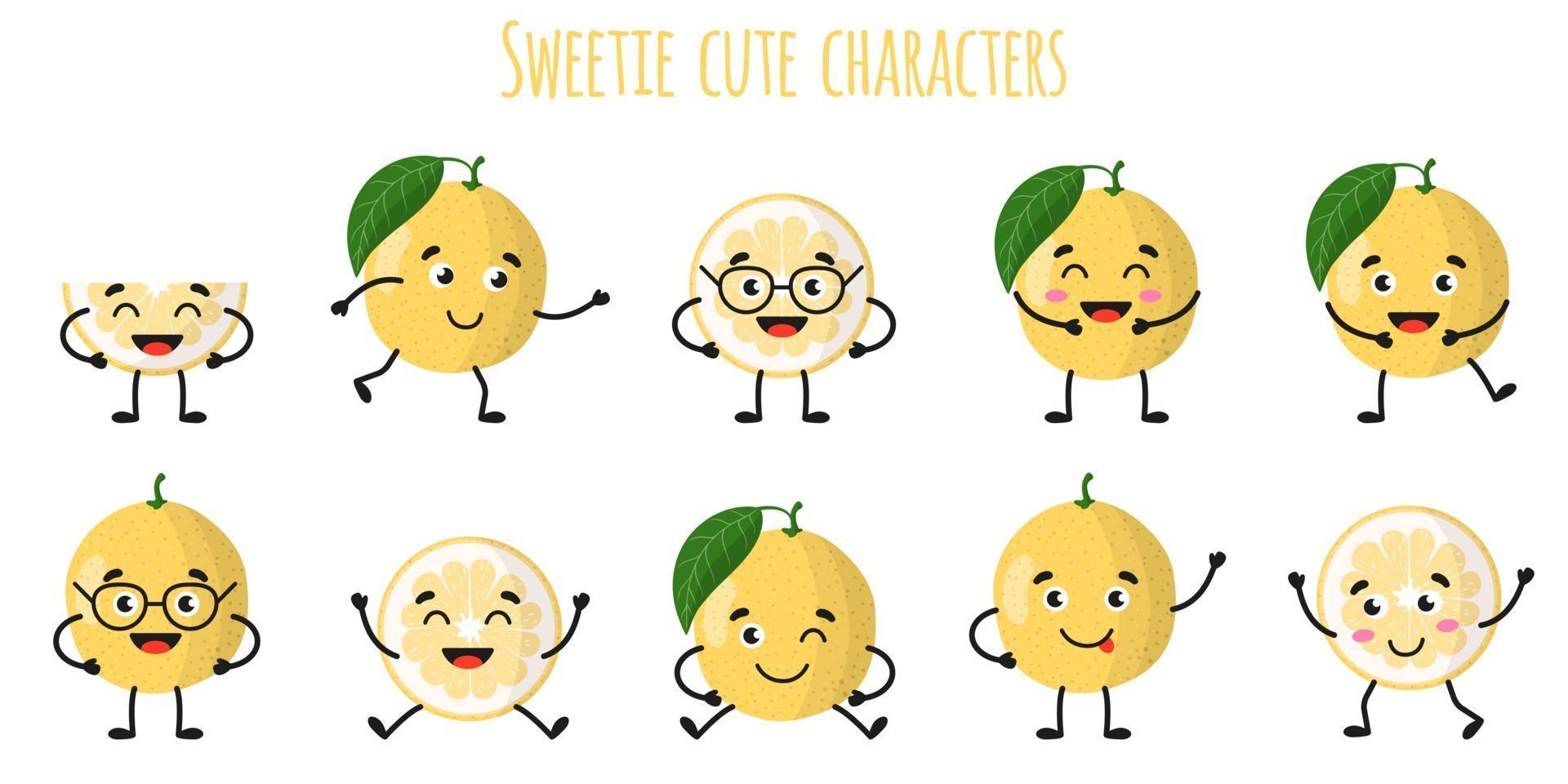 lieverd citrusvruchten leuke grappige vrolijke karakters met verschillende poses en emoties. vector