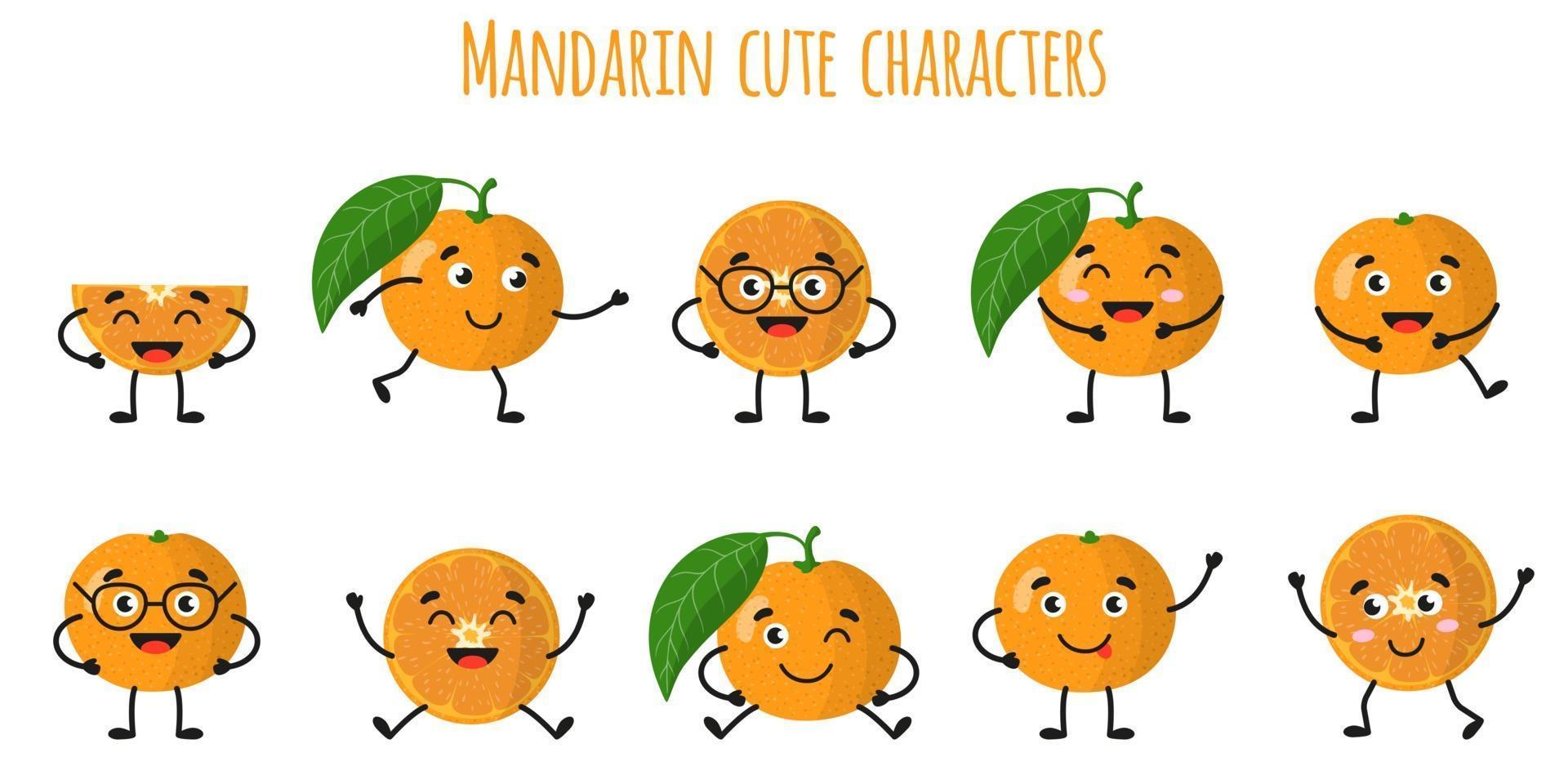 mandarijn citrusvruchten leuke grappige vrolijke karakters met verschillende poses en emoties. vector