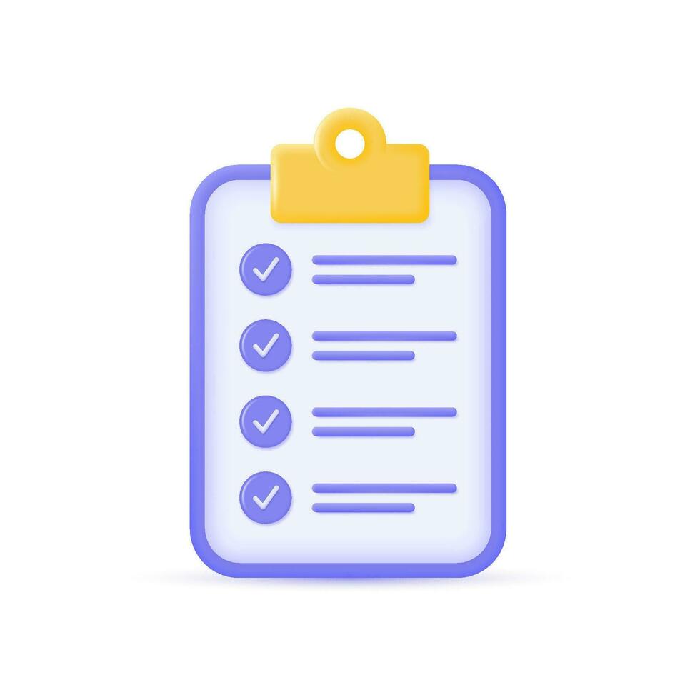 3d checklist met controleren merken in een minimalistisch tekenfilm stijl. concept van planning, aan het doen opdrachten, tentamen of testen. vector illustratie geïsoleerd Aan wit achtergrond.