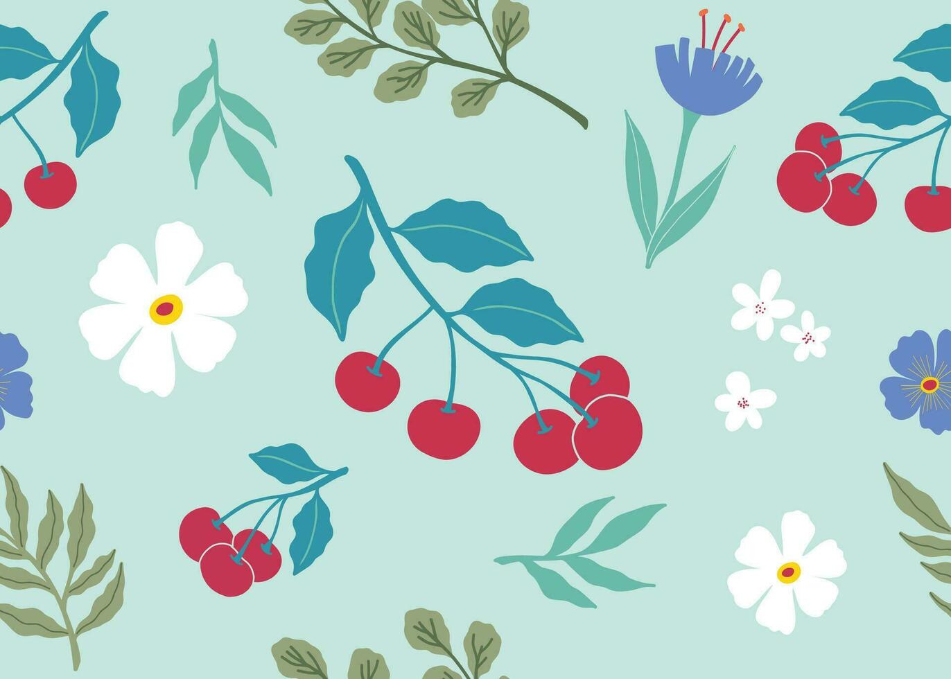 fruit en bloem hand- getrokken illlustration naadloos patroon Aan blauw blackground -kers vector