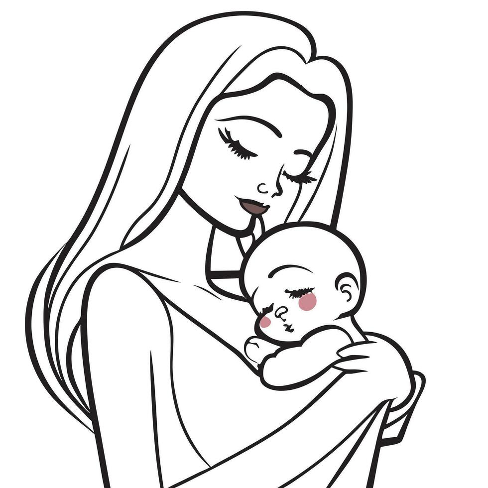 heerlijk gemakkelijk baby met moeder, vector illustratie lijn kunst