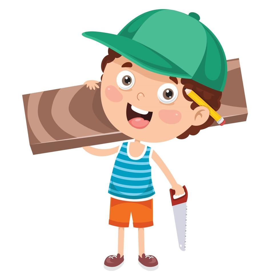 kleine cartoontimmerman die met hout werkt vector