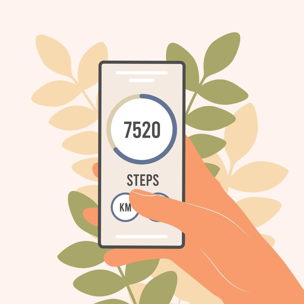 stappenteller in een mobiele telefoon een applicatie die stappen telt en uw wandelvoortgang bijhoudt vector
