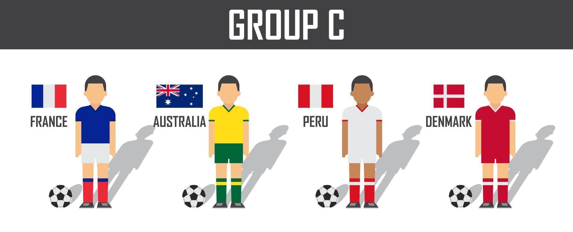 voetbalbeker 2018 teamgroep c . voetballers met jersey uniform en nationale vlaggen. vector voor internationaal wereldkampioenschapstoernooi.