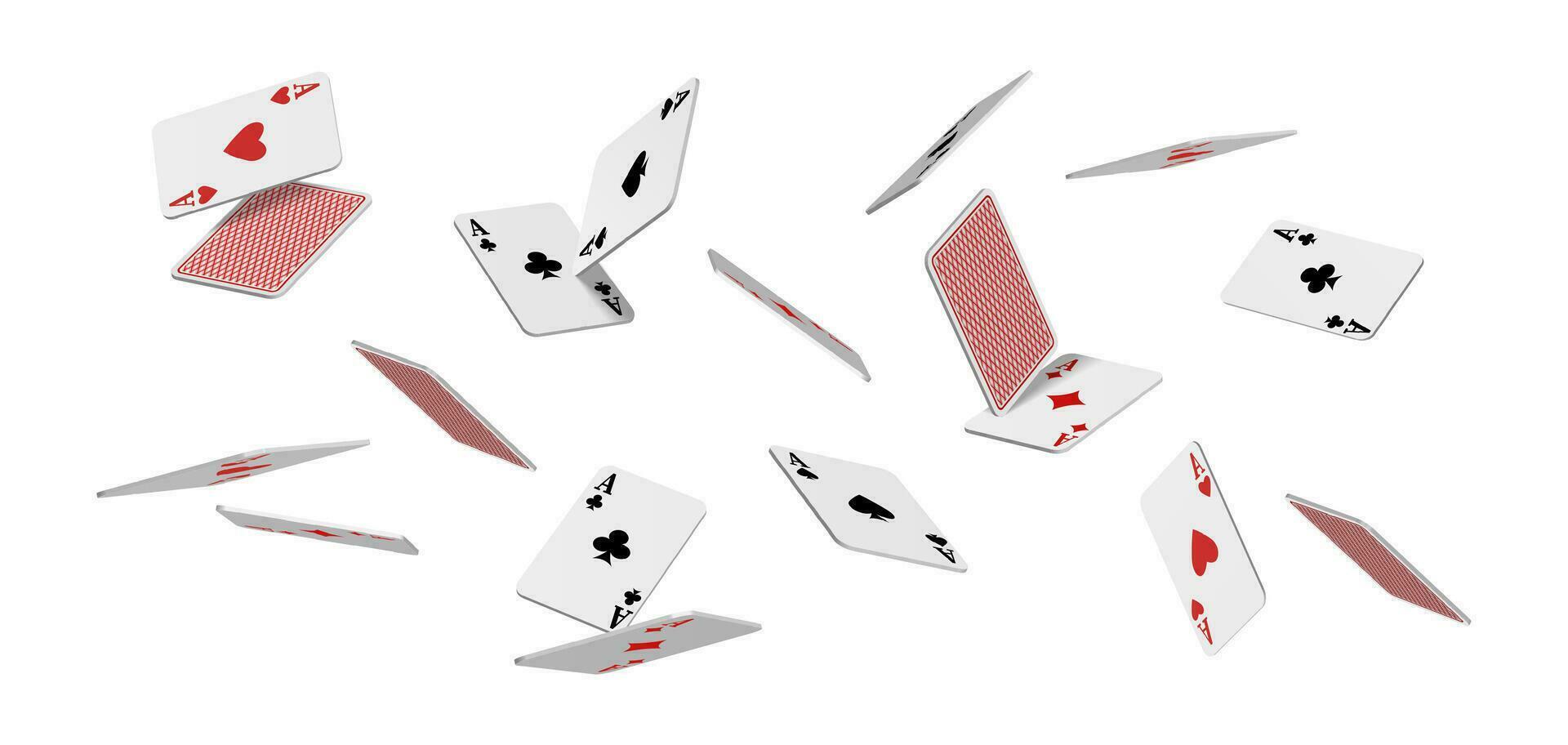 3d realistisch vector icoon. vliegend spelen kaarten van azen van diamanten Clubs schoppen en harten Aan wit achtergrond, vallend Aan de tafel.