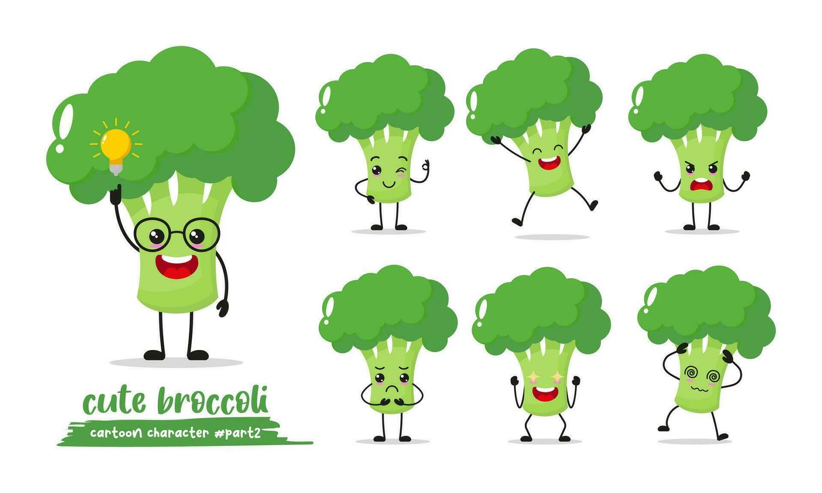 broccoli tekenfilm met veel uitdrukkingen. verschillend groente werkzaamheid vector illustratie vlak ontwerp. slim broccoli voor kinderen verhaal boek.