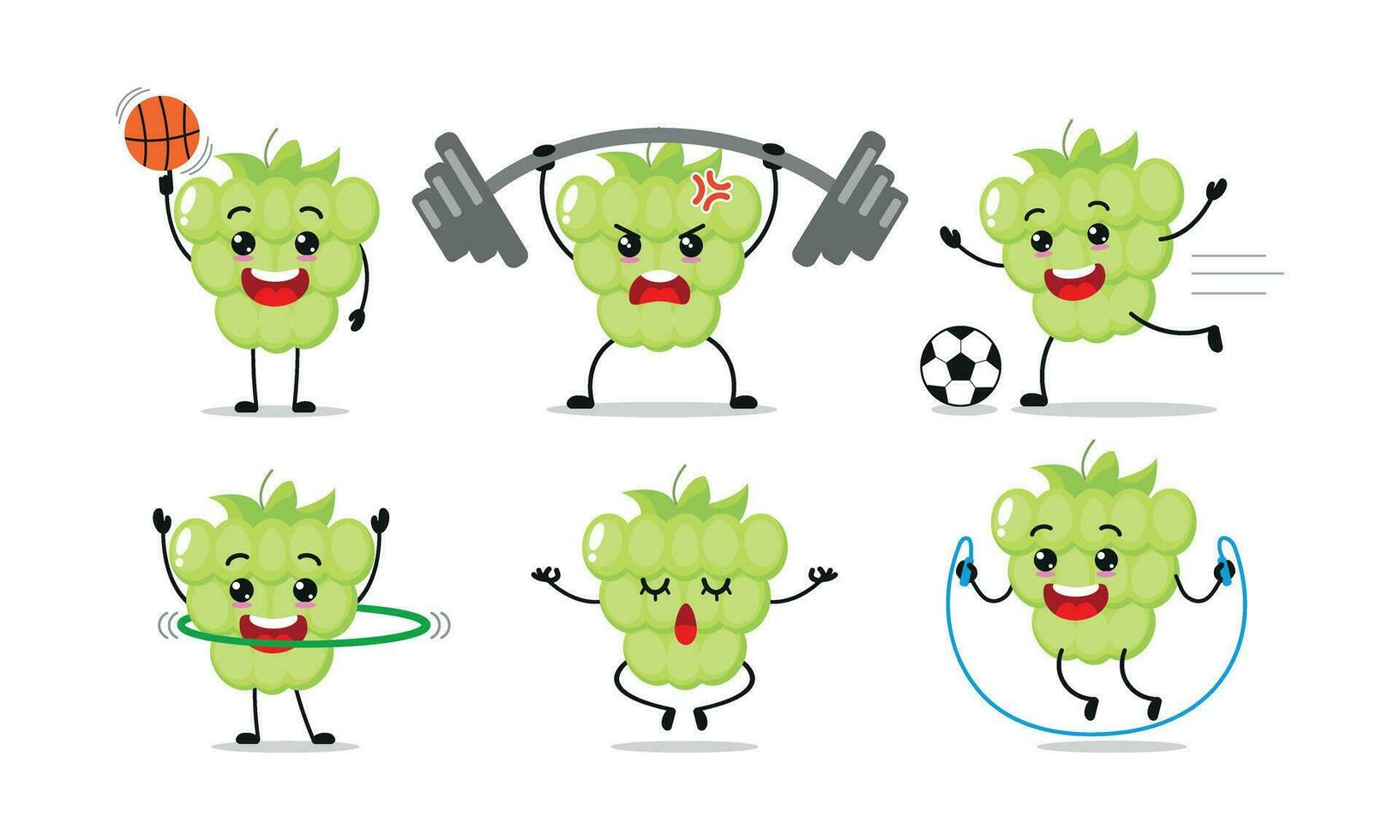 groen druif oefening verschillend sport werkzaamheid vector illustratie sticker. fruit veel gezicht uitdrukking set.