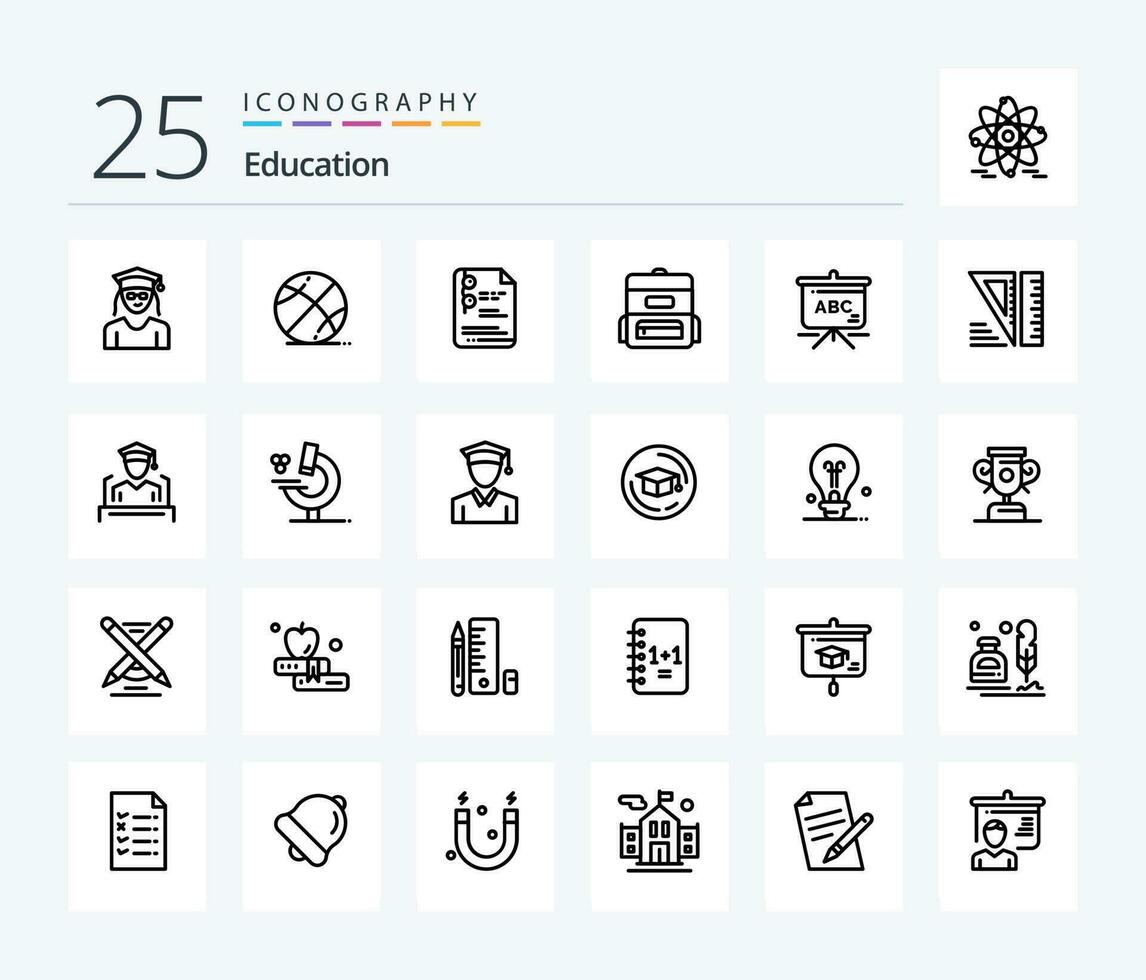 onderwijs 25 lijn icoon pak inclusief hulpmiddelen. onderwijs. het dossier. schooltas. zak vector