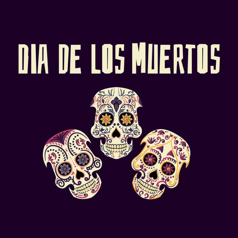 opschrift dag van de dood in Spaans, banier met kleurrijk Mexicaans bloemen. feest, vakantie poster, partij folder, grappig groet kaart. vector