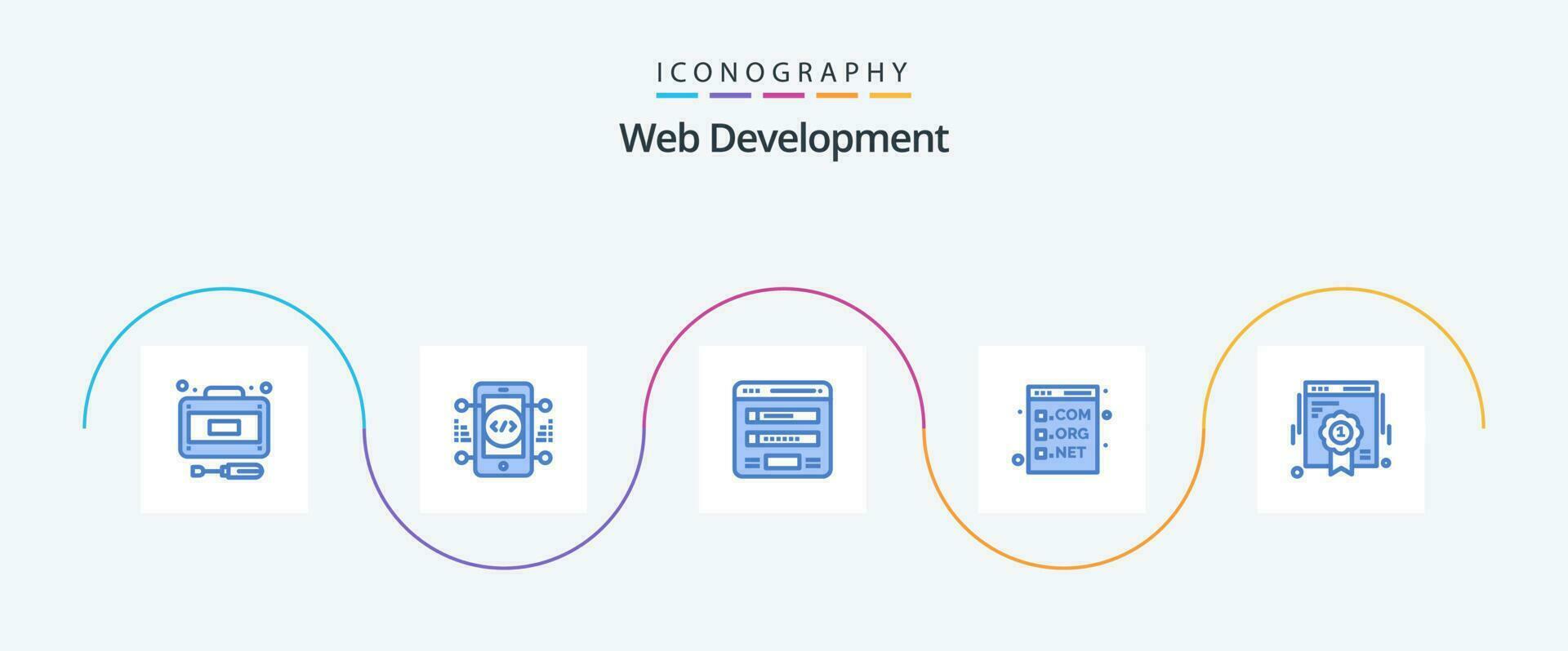 web ontwikkeling blauw 5 icoon pak inclusief programmeren. com. stroomschema. code. web vector