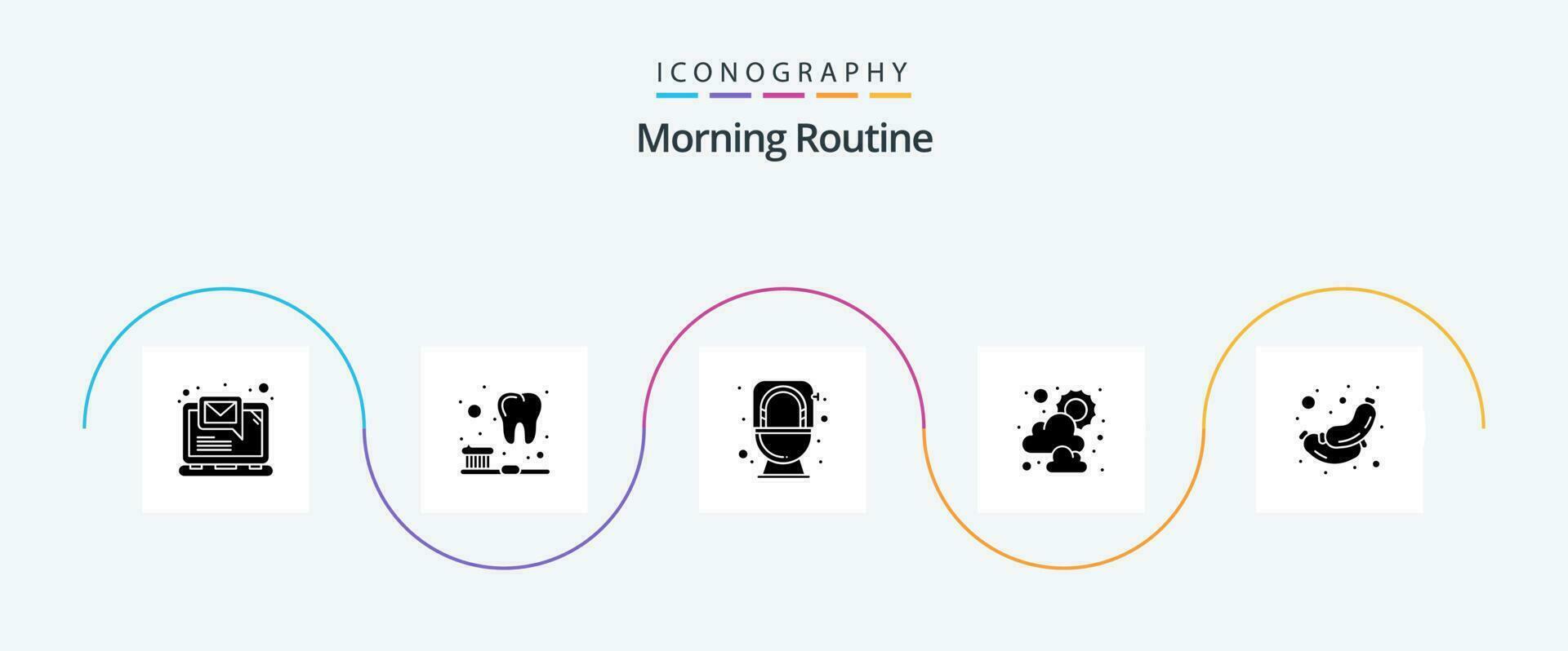 ochtend- routine- glyph 5 icoon pak inclusief ontbijt. vlees. commode. voedsel. zonnig vector