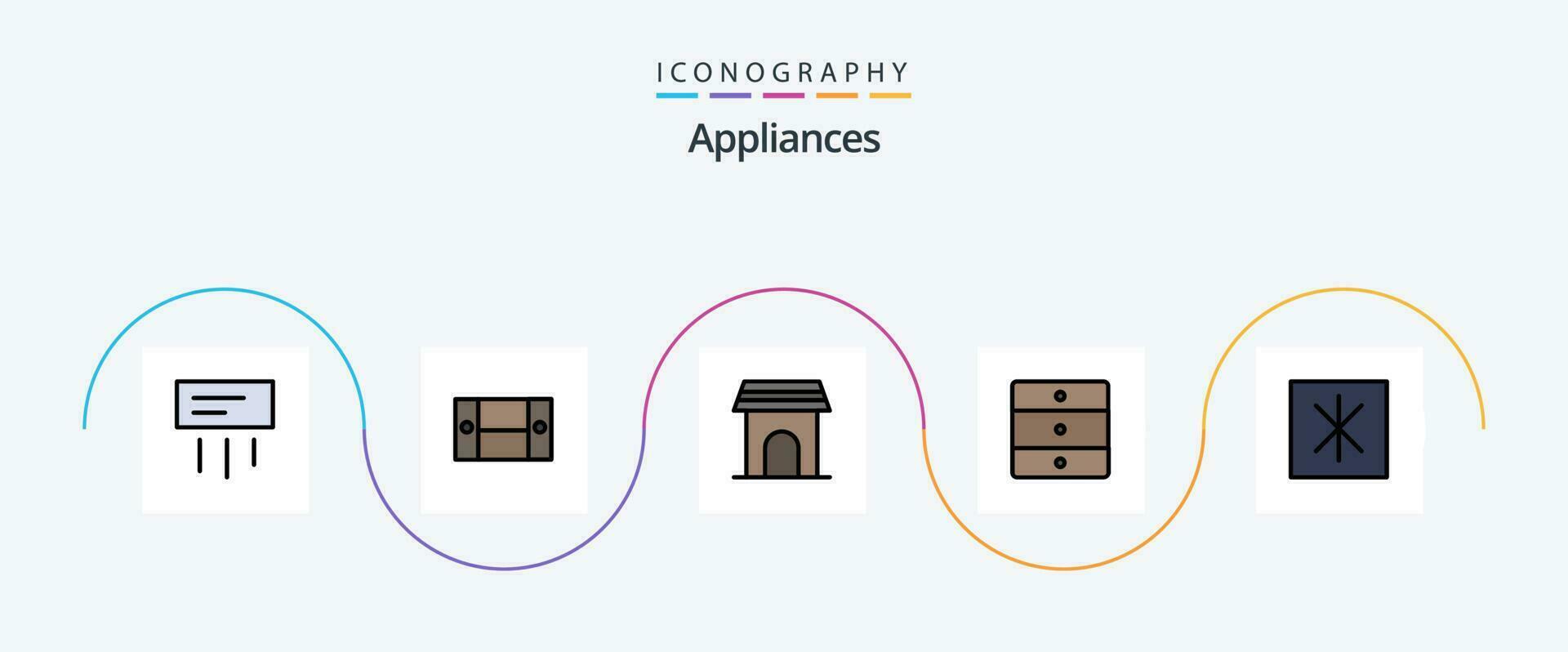 huishoudelijke apparaten lijn gevulde vlak 5 icoon pak inclusief koelkast. huis huishoudelijke apparaten. appartement. huis. huishouden vector