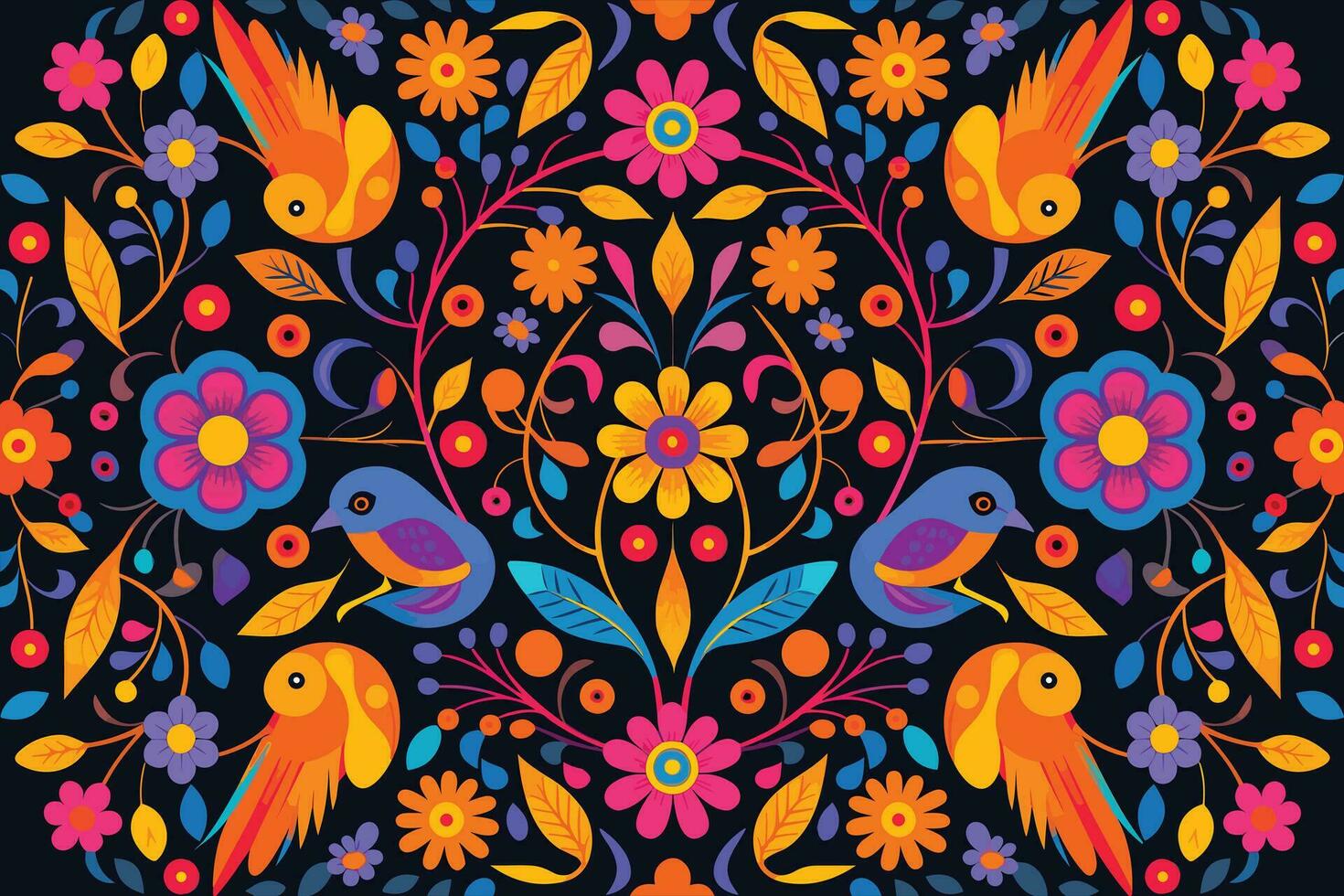 kleurrijk Mexicaans achtergrond met bloemen en vogelstand vlak ontwerp vector illustratie