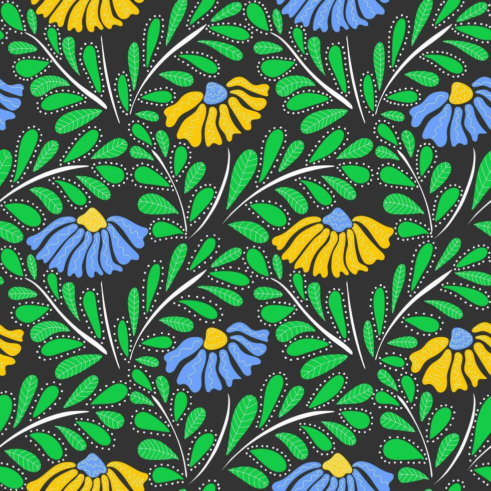 naadloos patroon met kleurrijk retro groovy geel en blauw madeliefjes Aan zwart. zomer getextureerde abstract bloemen ontwerp in naief kunst stijl. Jaren 60 wijnoogst stijl planten vector