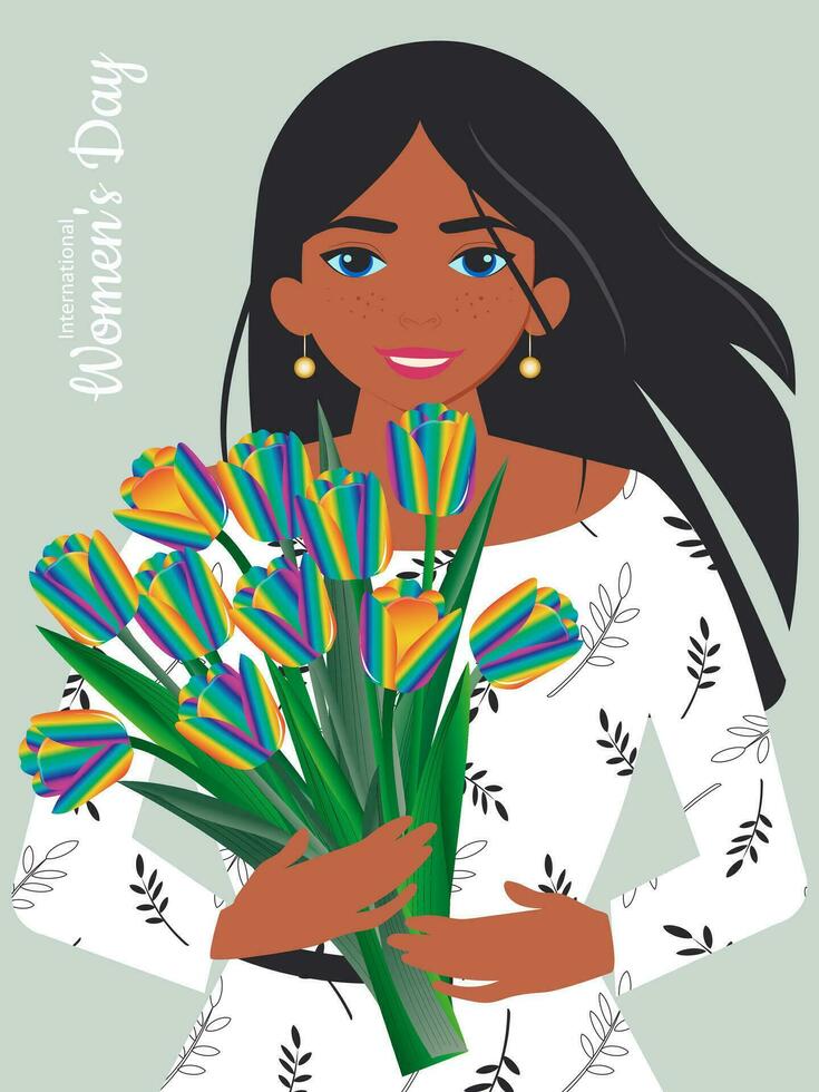 gelukkig vrouwen dag. mooi vrouw met lang vloeiende zwart haar- houdt regenboog tulpen in haar handen en verheugt zich in de voorjaar vakantie. verticaal blauw spandoek. vector. vector