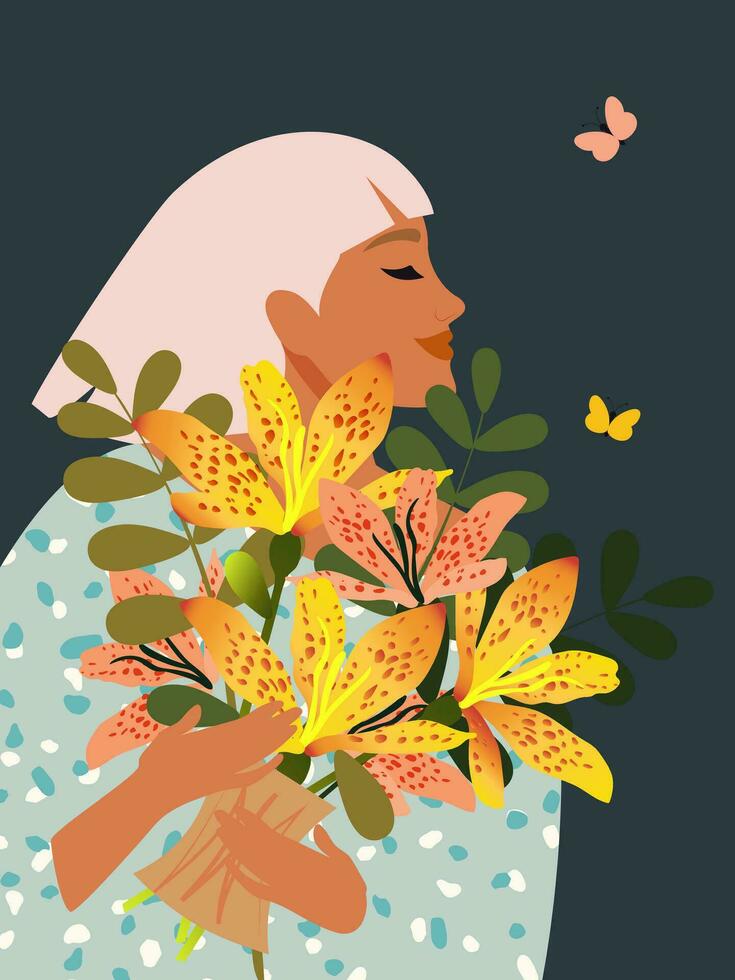 mooi vrouw met blond haar- houdt een boeket van voorjaar bloemen met een luipaard kleur. verticaal kaart voor Internationale vrouwen dag maart 8, moeder dag. vector. vector