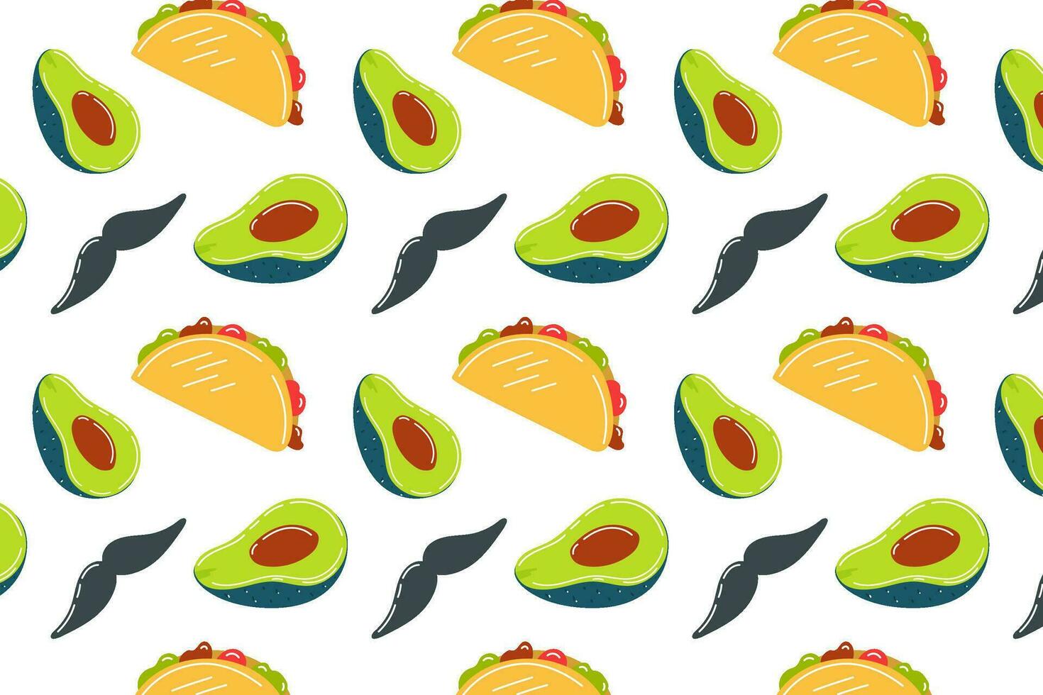 Mexicaans voedsel, achtergrond met Mexicaans motieven, tradities en Mexicaans voedsel. Mexicaans patroon, naadloos avocado patroon, taco's en snor. vector