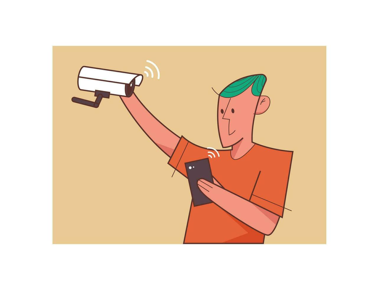 Mens sets omhoog Wifi camera en monitoren resultaat via telefoon naar beveiligen huis. cctv technologie naar beschermen vector