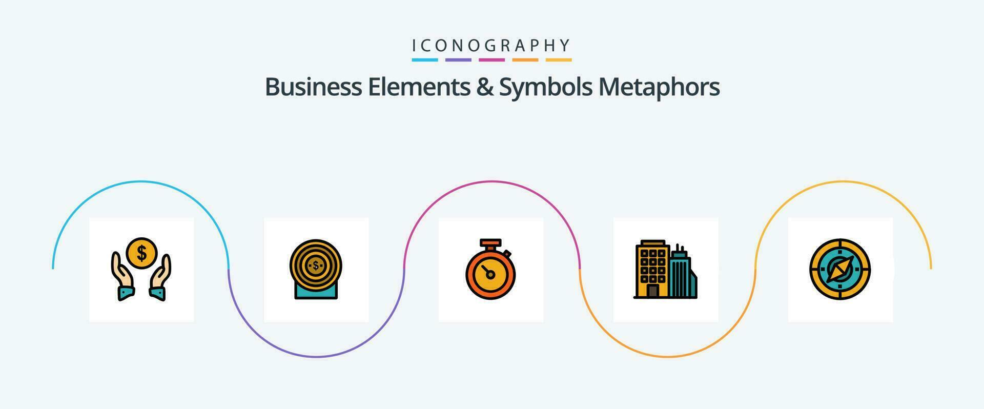 bedrijf elementen en symbolen metaforen lijn gevulde vlak 5 icoon pak inclusief navigator. hoofdkantoor. timer. toren. gebouw vector