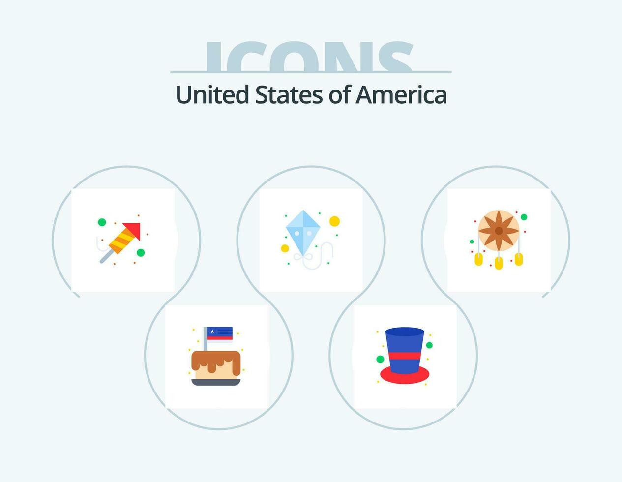 Verenigde Staten van Amerika vlak icoon pak 5 icoon ontwerp. decoratie. vliegen. magie hoed. zomer. dag vector