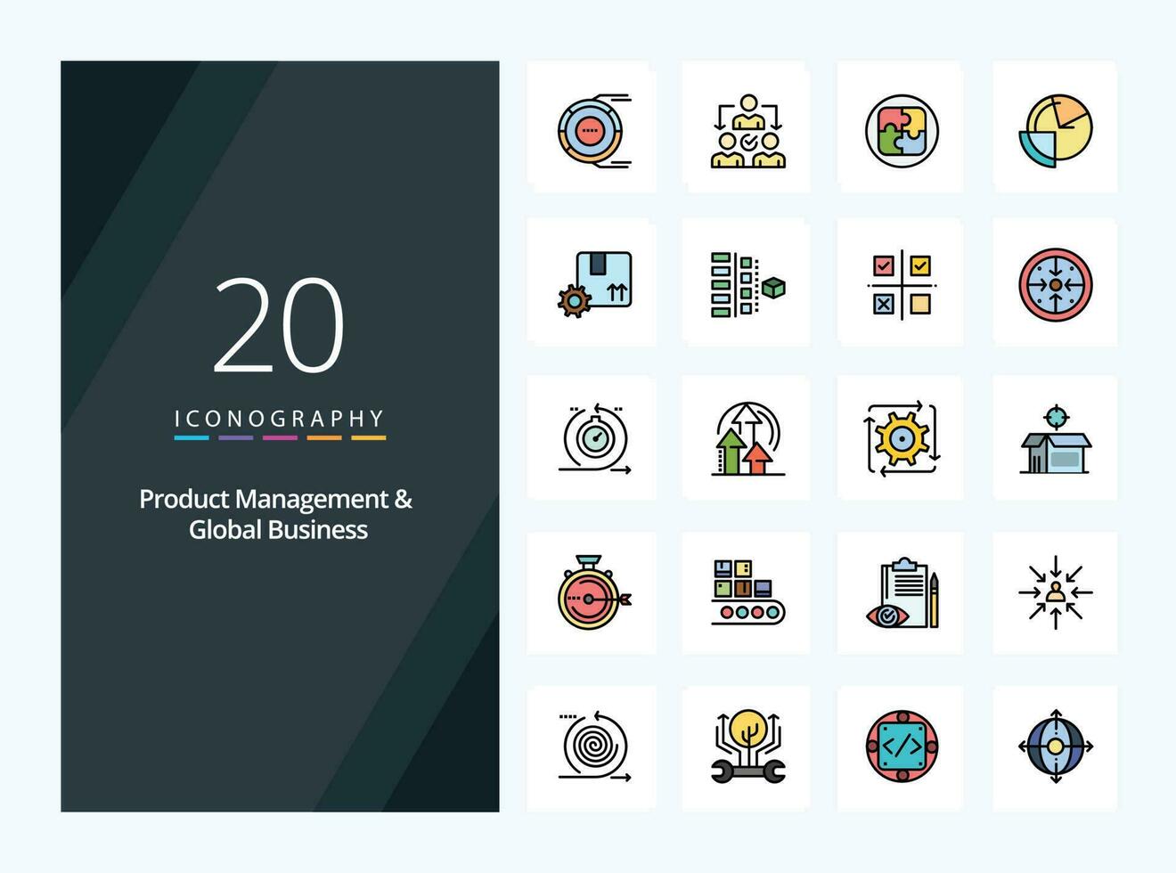 20 Product beheer en globaal bedrijf lijn gevulde icoon voor presentatie vector