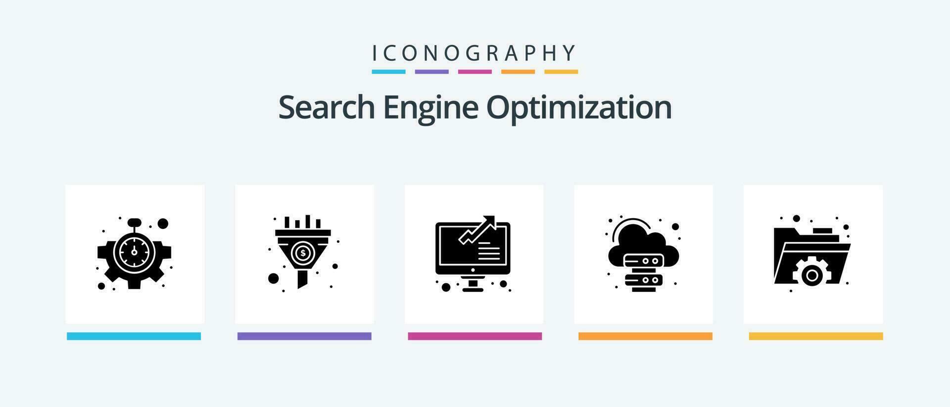 seo glyph 5 icoon pak inclusief . versnelling. groei. map. databank. creatief pictogrammen ontwerp vector