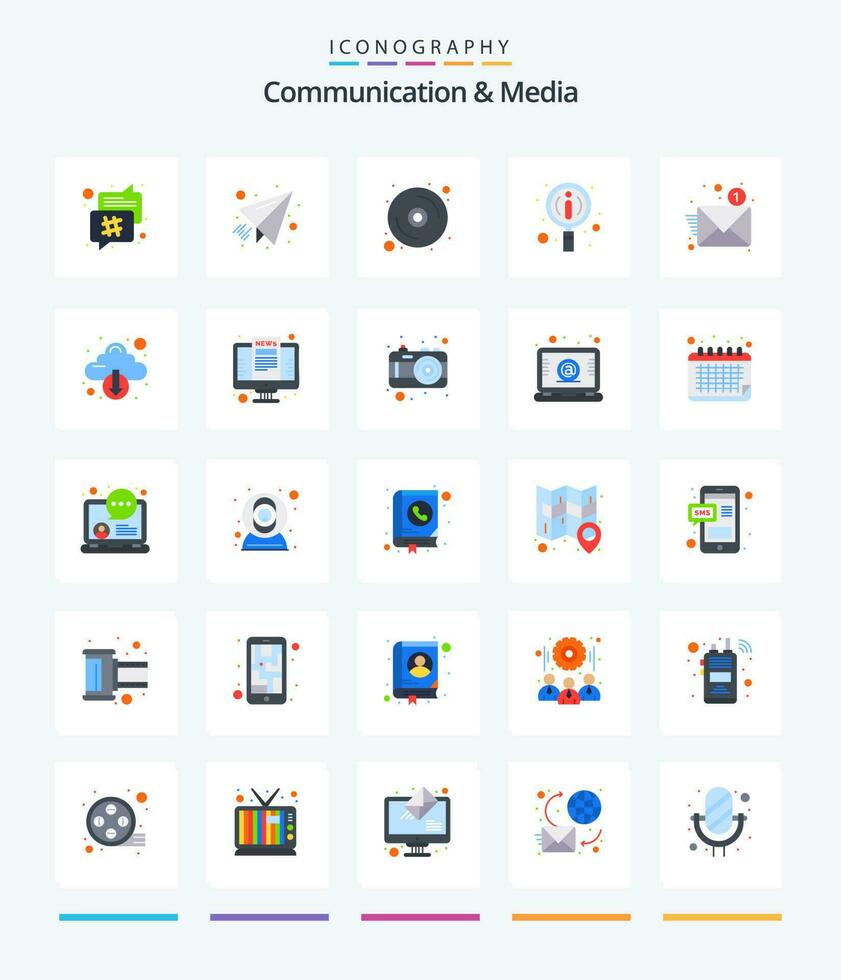 creatief communicatie en media 25 vlak icoon pak zo net zo kennisgeving. e-mail. CD. zoeken. informatie vector