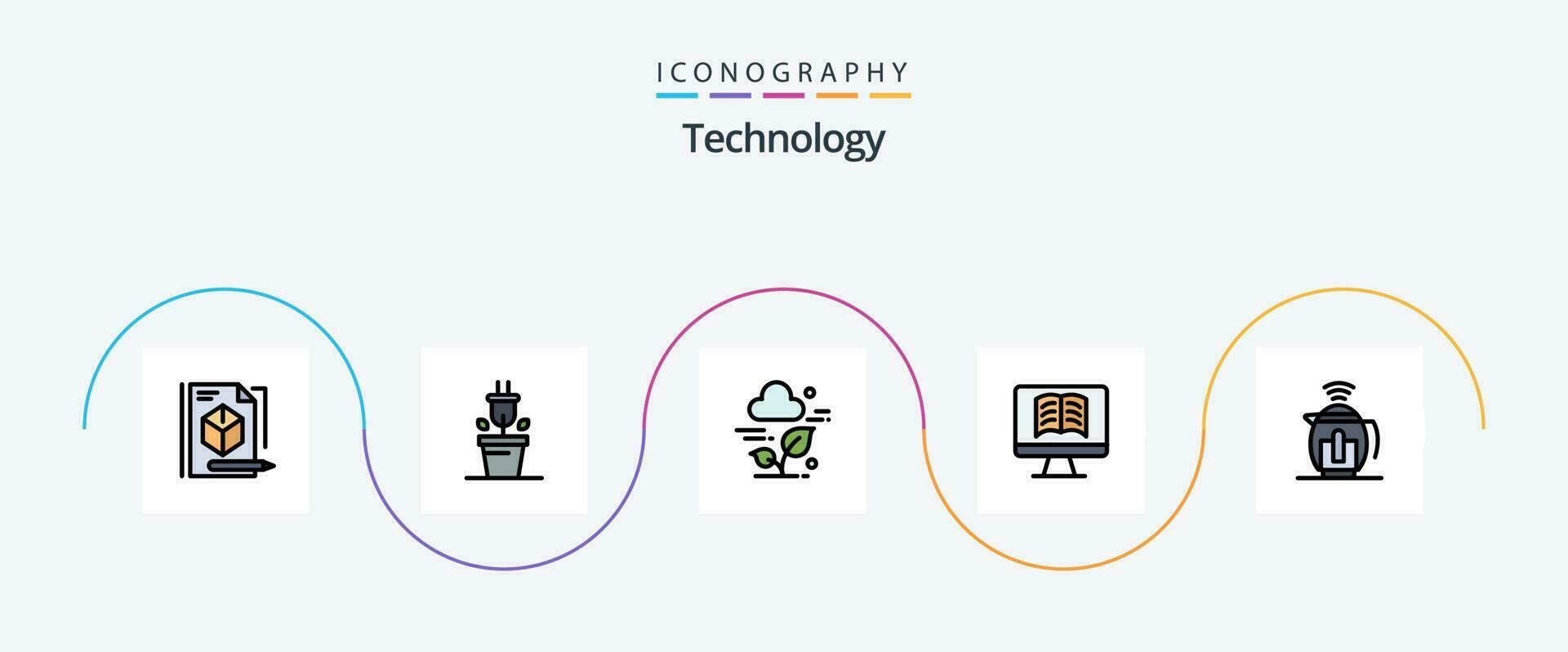 technologie lijn gevulde vlak 5 icoon pak inclusief technologie. pot. wolk. thee. boek vector