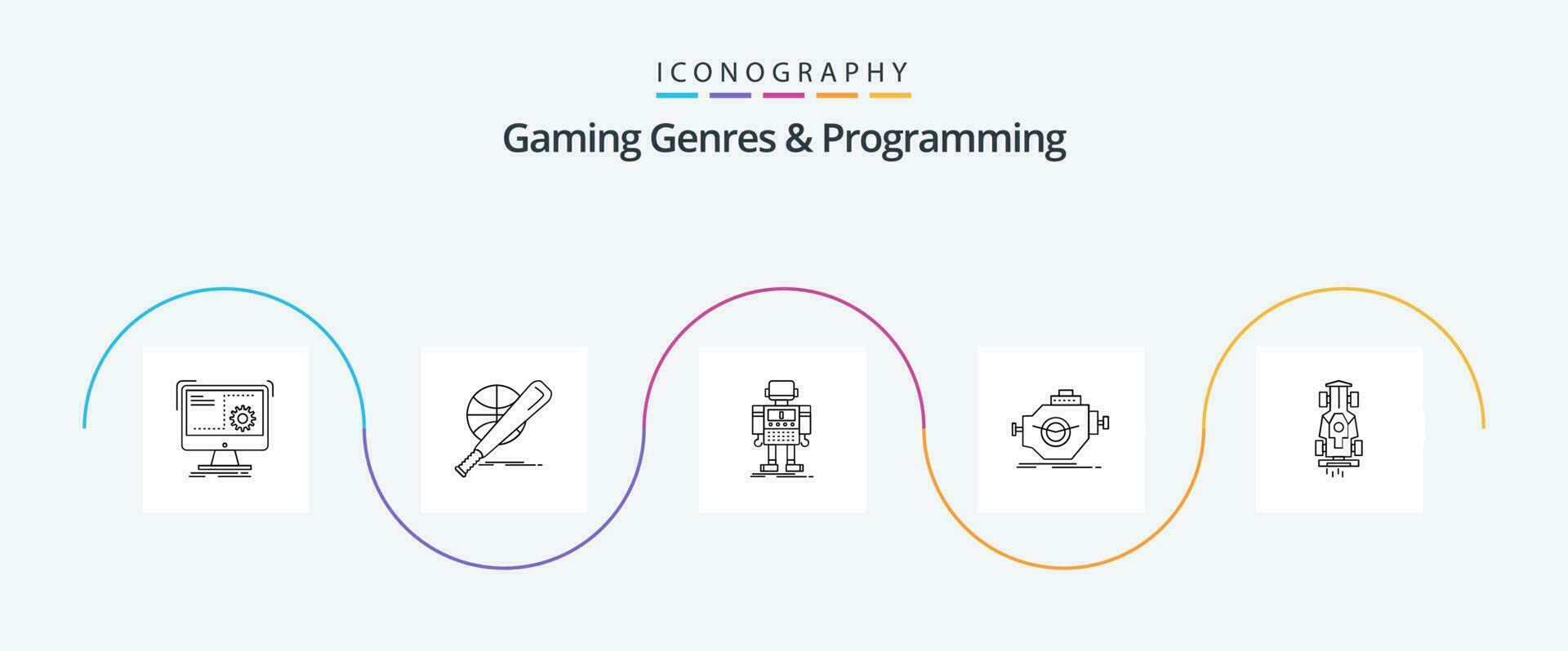 gaming genres en programmering lijn 5 icoon pak inclusief machine. motor. spel. technologie. robot vector