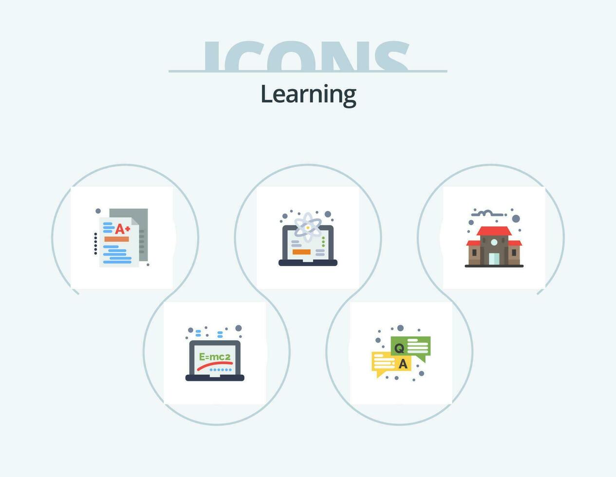 aan het leren vlak icoon pak 5 icoon ontwerp. onderwijs gebouw. wetenschap. testen. leren. computer vector