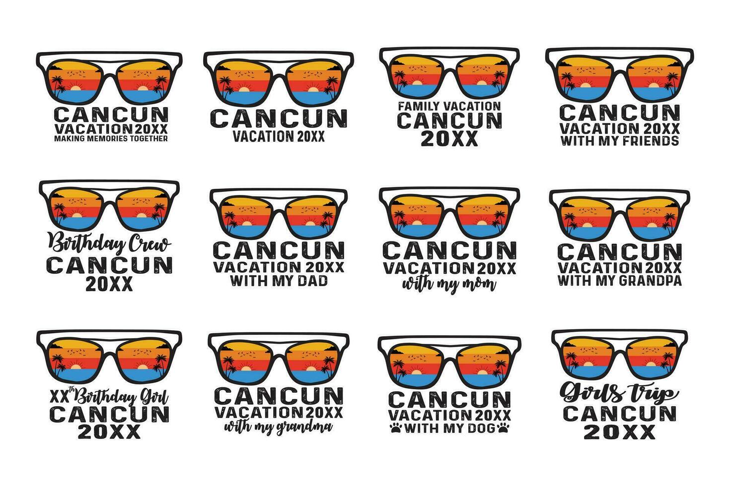 Cancun vakantie 2023 Mexico strand wijnoogst retro zonsondergang t-shirt ontwerp, met mijn familie vrienden genieten zomer gevoel herinneringen samen overhemd poster afdrukken item, typografie stijl SVG besnoeiing het dossier vector