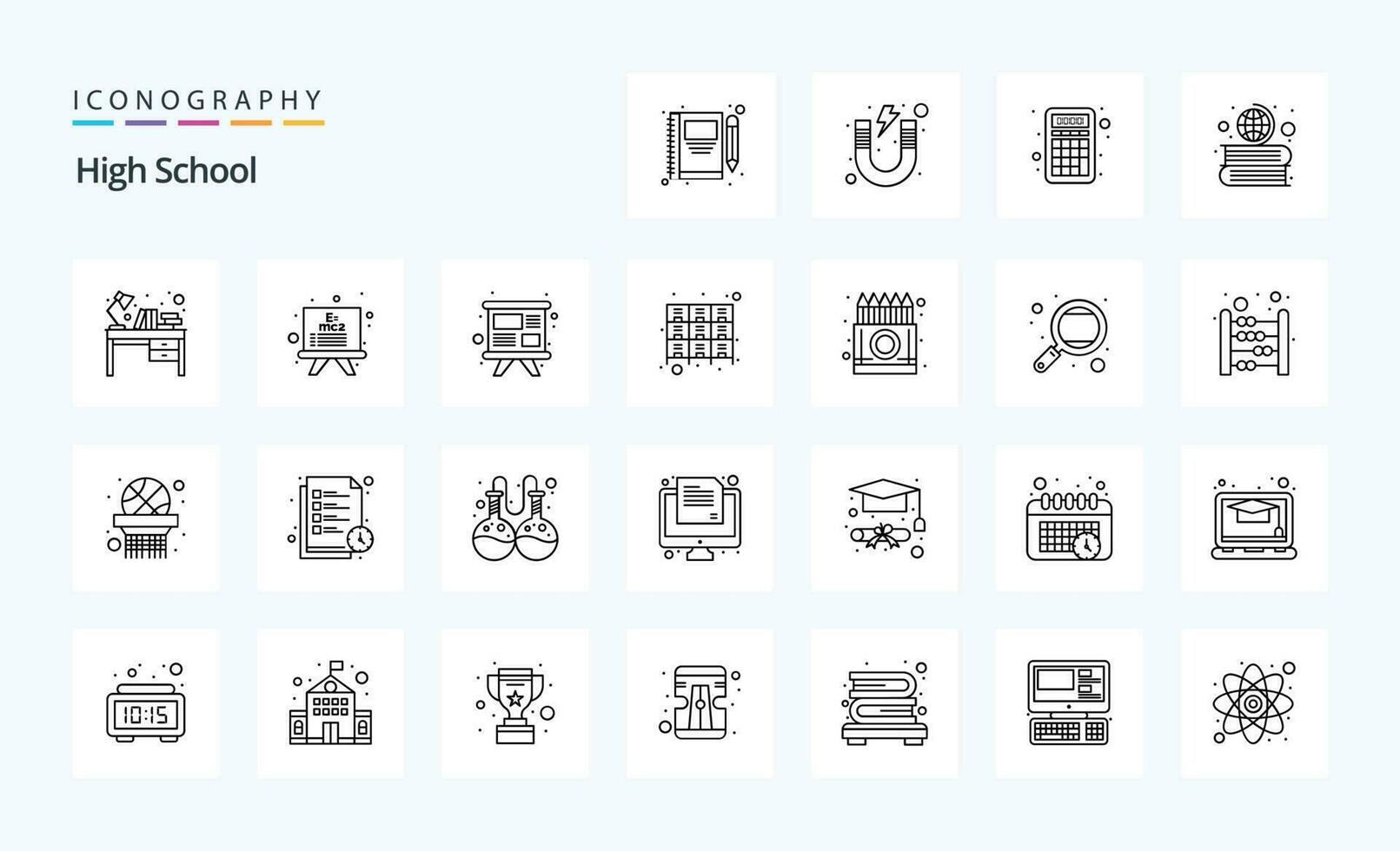 25 hoog school- lijn icoon pak vector