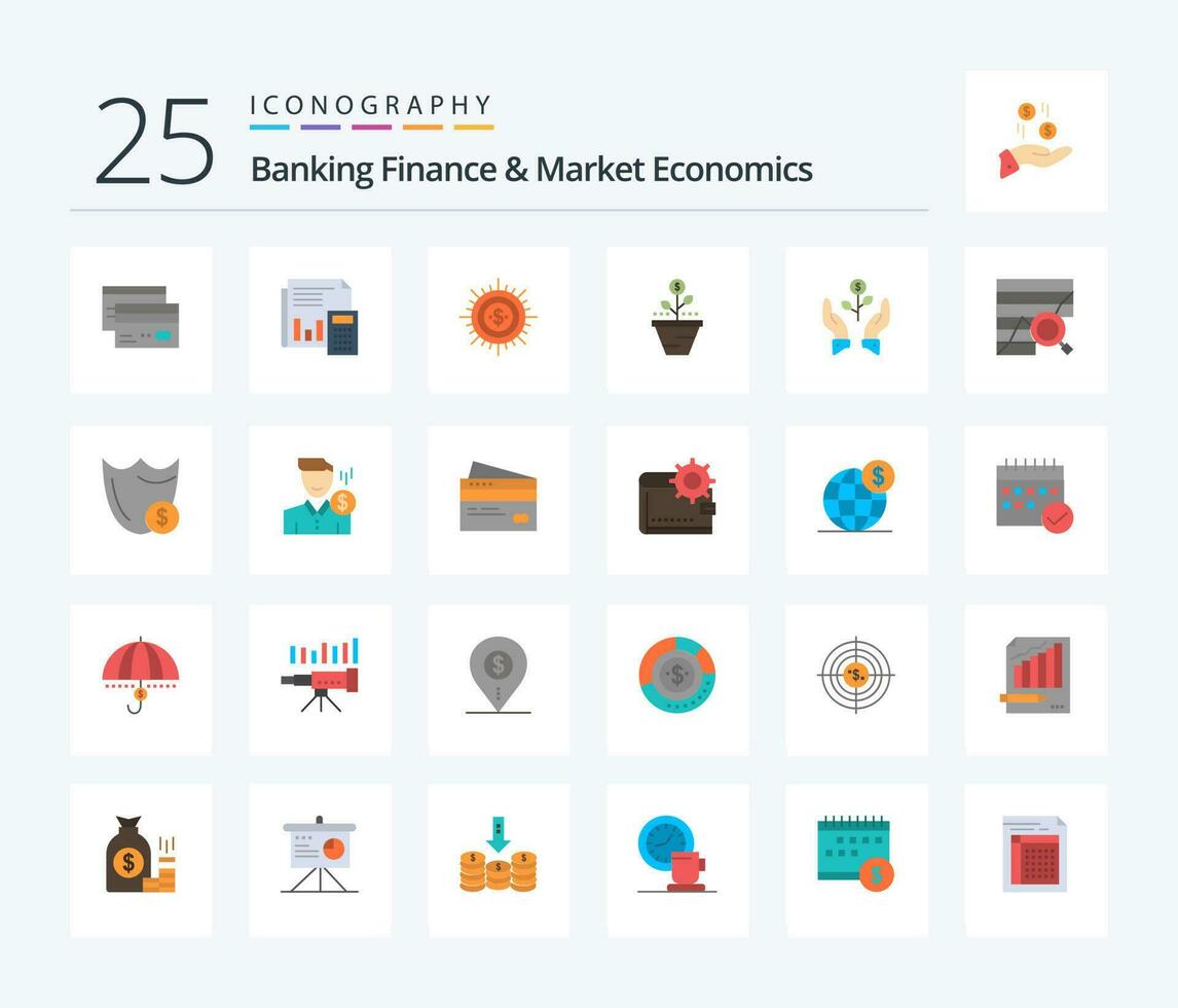 bank financiën en markt economie 25 vlak kleur icoon pak inclusief contant geld. geld. boekhouding. rapport. berekening vector