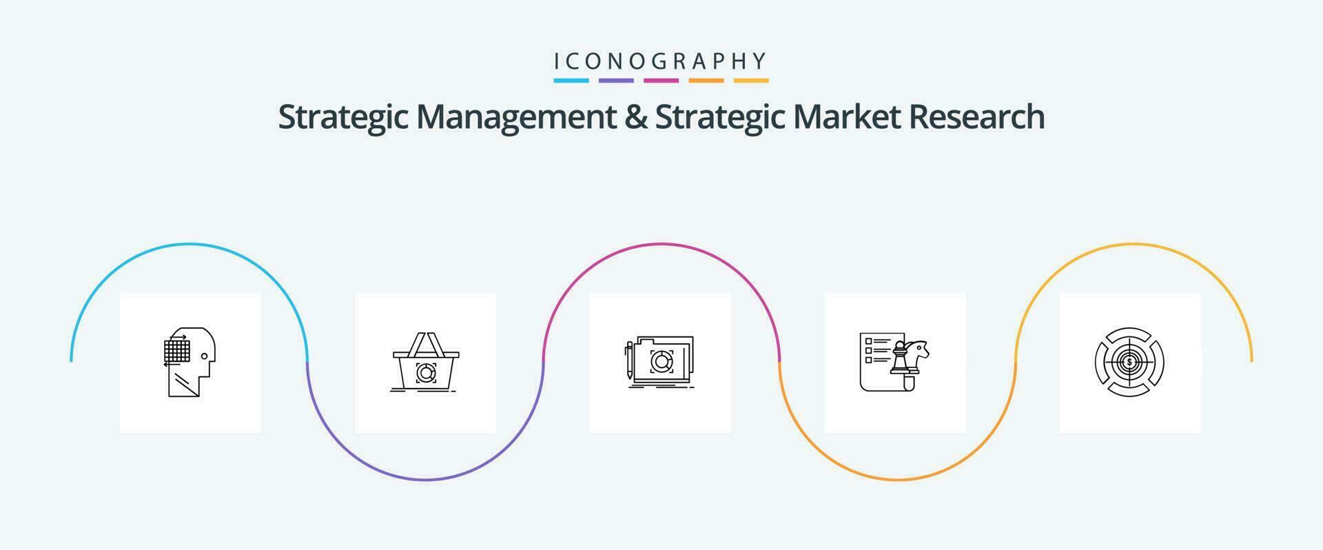 strategisch beheer en strategisch markt Onderzoek lijn 5 icoon pak inclusief focus. planning. map. strategie . schaak vector